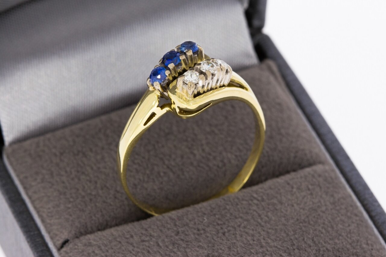 585 Gold geschwungene Ring mit Saphir & Diamant - 19,2 mm