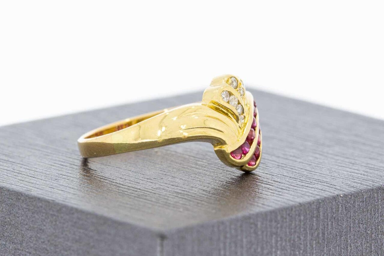 750 Gold geschwungene Ring mit Diamant und Rubin - 16,4 mm