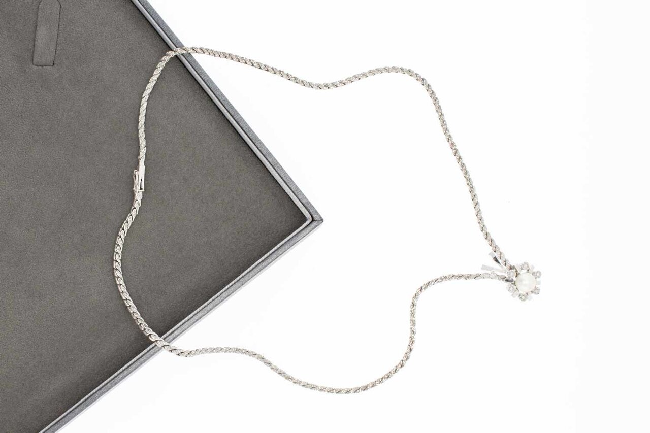 14 Karat Diamant Kette mit Perle - 45 cm
