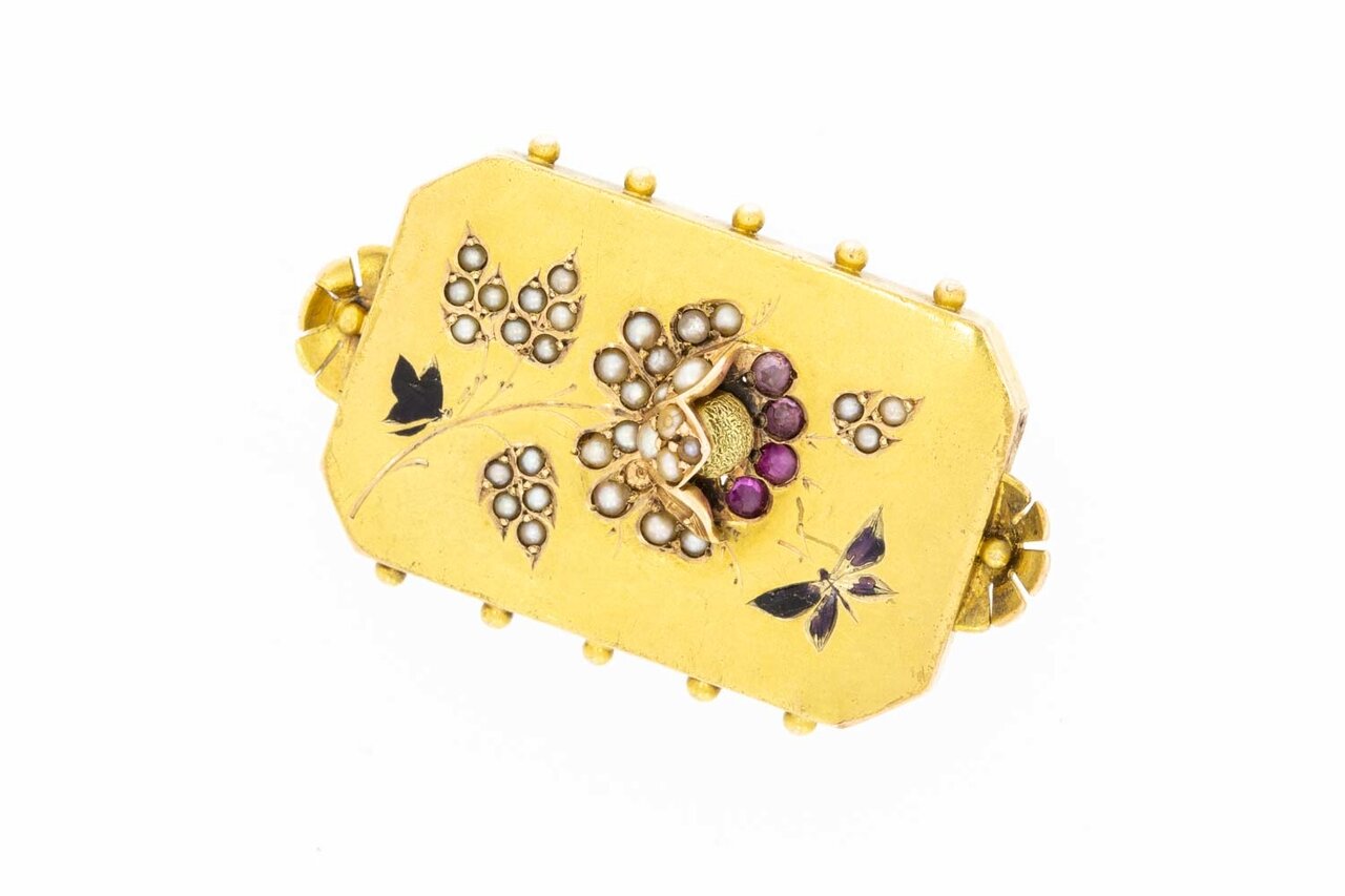 585 Brosche/ Anhänger mit Rubin en Perlen