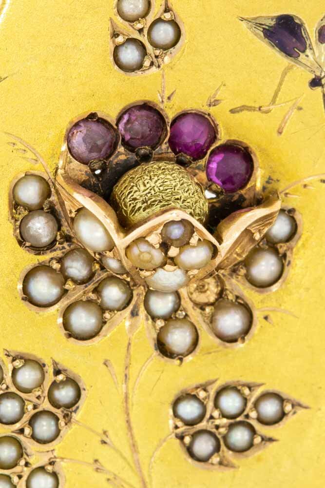 585 Brosche/ Anhänger mit Rubin en Perlen