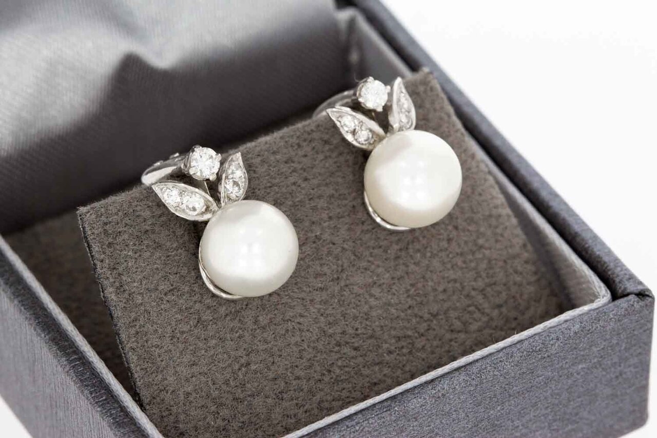 585 Ohrclips mit Perle und Diamant - 1,3 cm