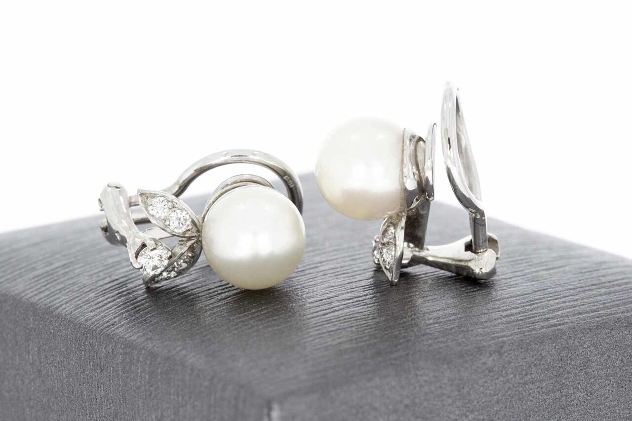 585 Ohrclips mit Perle und Diamant - 1,3 cm