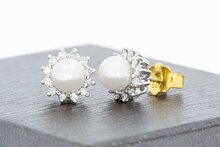 14 Karat Wei&szlig;gold Perlen Ohrstecker mit Diamant