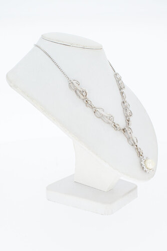 18 Karat Weißgold Kette Damen mit Saphir und Perle - 49,5 cm