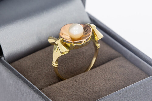 585 Bicolor-Gold Solitärring Damen mit Perle - Ringgröße 54