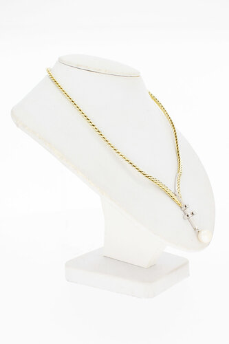 585 Bicolor-Gold Kette Damen mit Perle und Diamant - 54 cm