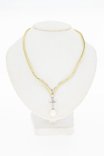 585 Bicolor-Gold Kette Damen mit Perle und Diamant - 54 cm